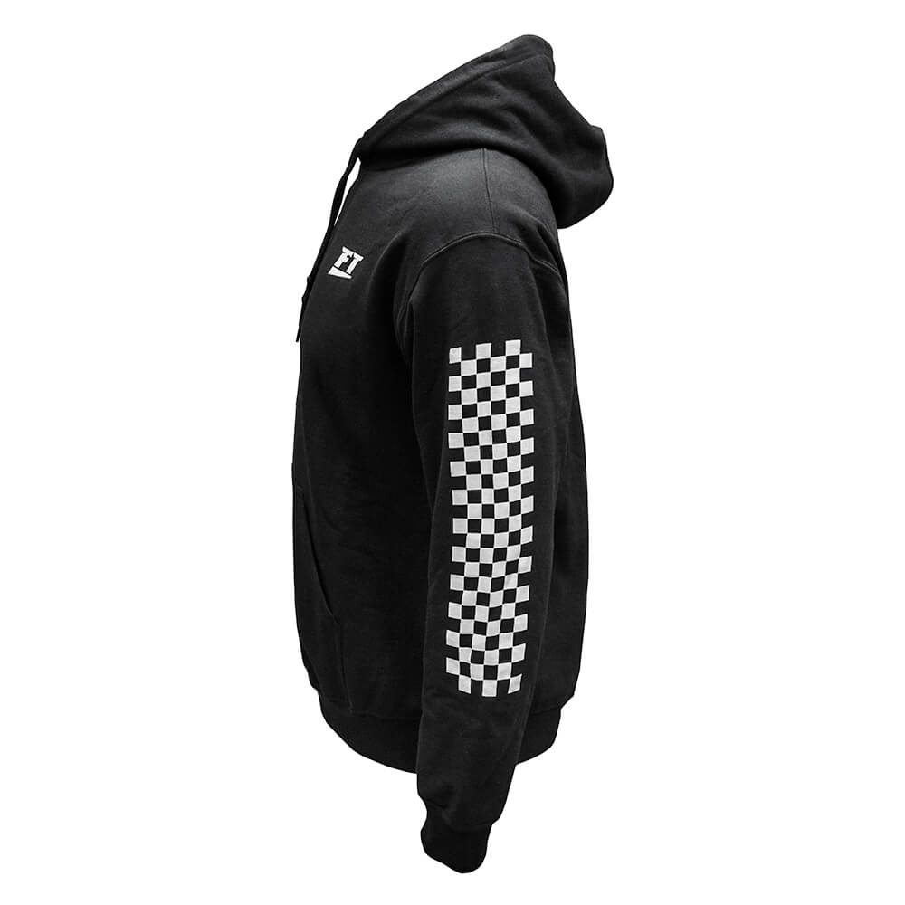 The FuelTech Checkered Hoodie features white screen-printed checkered pattern down both sleeves, referencing classic racing culture. 