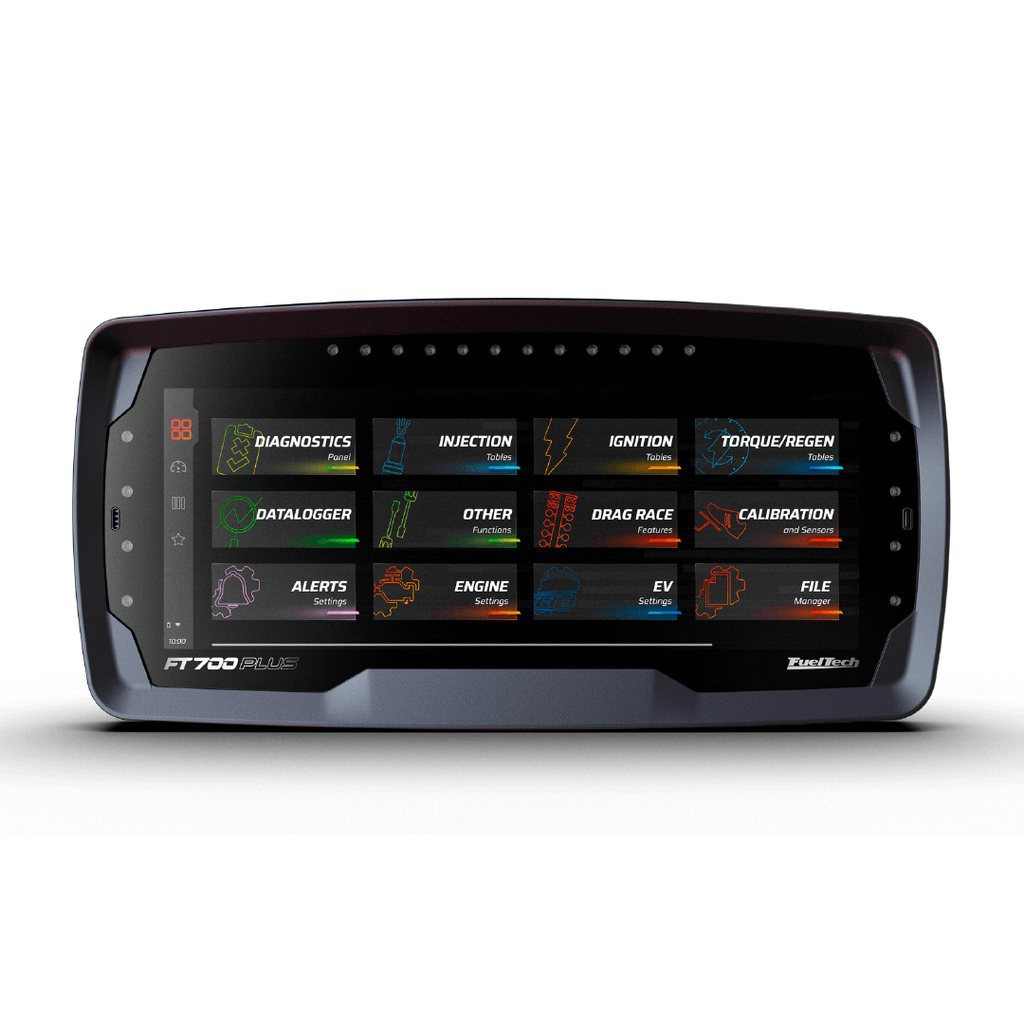 FuelTech FT700Plus engine control unit, ECU, with touchscreen menu and customizable dash display.