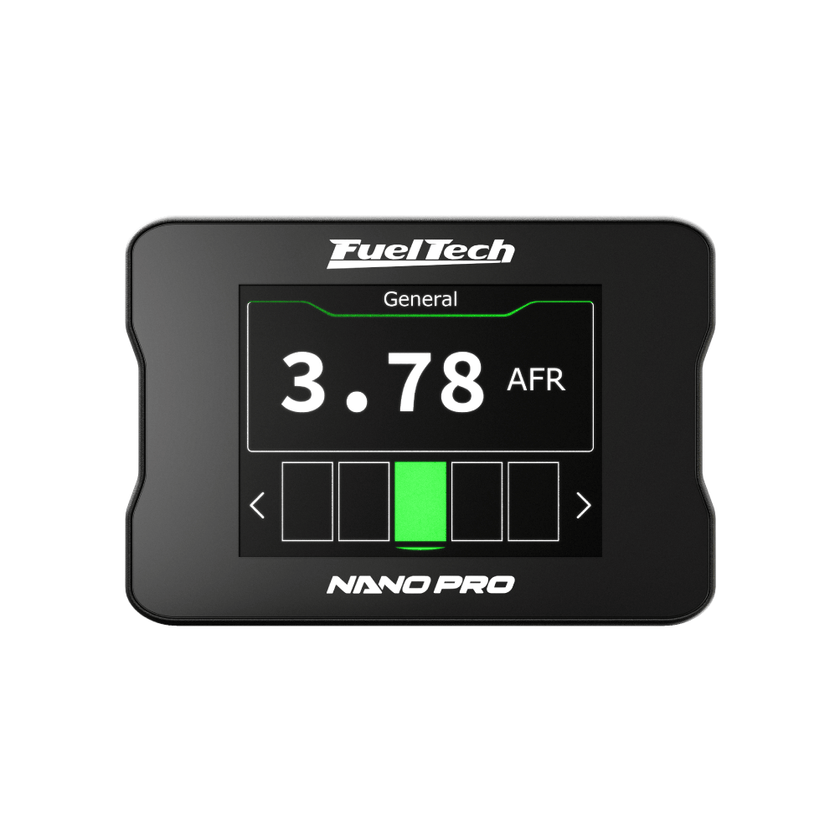 FuelTech NanoPRO 3 in 1 Wideband O2 Sensor Controller with digital switch panel and customizable touchscreen display screen. Nano Pro