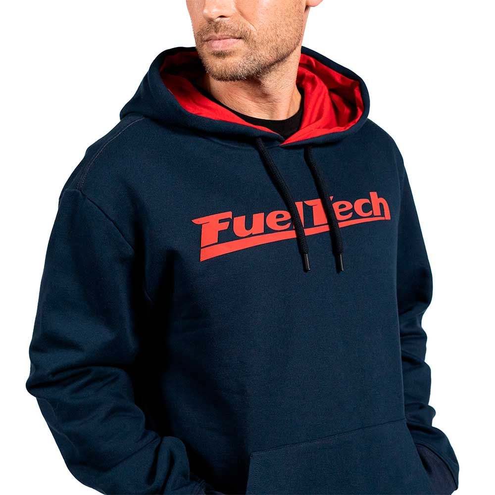Close up view of logo on Fueltech Navy Blue Hoodie.