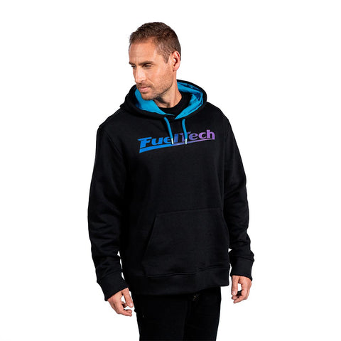 FuelTech Ombré Hoodie - black with blue hood lining and drawstrings with a FuelTech logo in blue to purple gradient.
