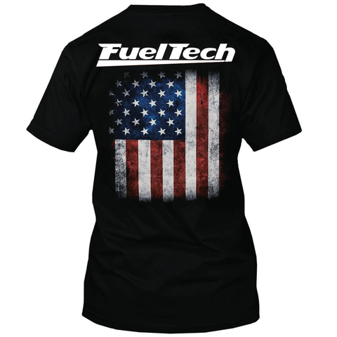The back of the US flag FuelTech t-shirt shows the white FuelTech logo above the stars and stripes of the USA flag.